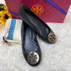 Tory Burch Reva Black and Gold Ballet Flats